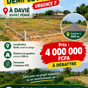 VENTE URGENTE, 1/2 LOT À DAVIÉ AVANT PÉAGE